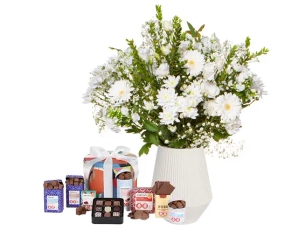 A festive white shaded bouquet & chocolate (571 gr.)