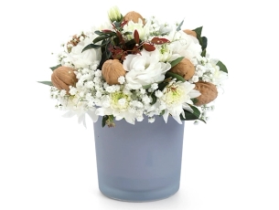 Linoy Flower Arrangement in shades of white, walnuts. comes with gray flowerpot
