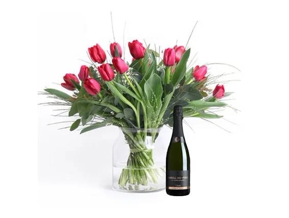 Red Tulips bouquet& Cava bottle