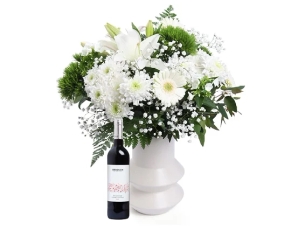 Helena Bouquet in a Vase in shades of white comes with narrow shadow vase. comes with red wine