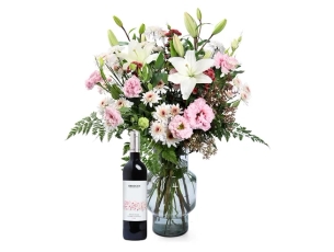 Gitit Bouquet in shades of white and pink. comes with red wine