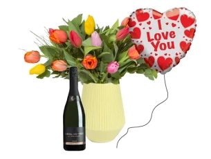 An elegant and delicate bouquet of 15 colorful tulips, Cava bottle & love balloon