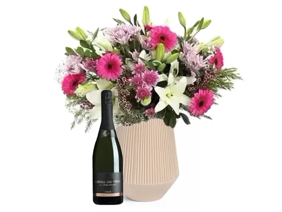 Abundant and festive pink Bouquet & Cava bottle