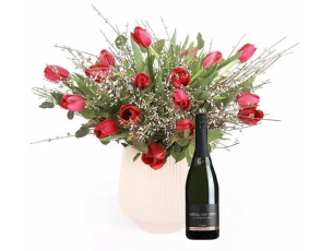Red Tulips bouquet & Cava bottle