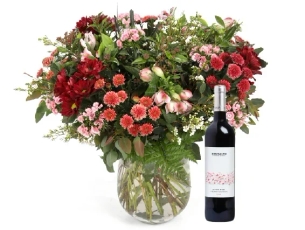 Desert Magic bouquet plus red wine bottle
