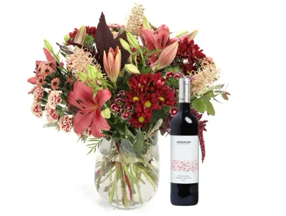 Colorful Abigail bouquet plus red wine bottle
