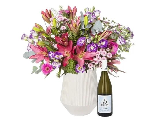 Purple,pink & white flowers + white Lamda wine