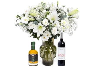a white flowers, olive oil & red wine bottle