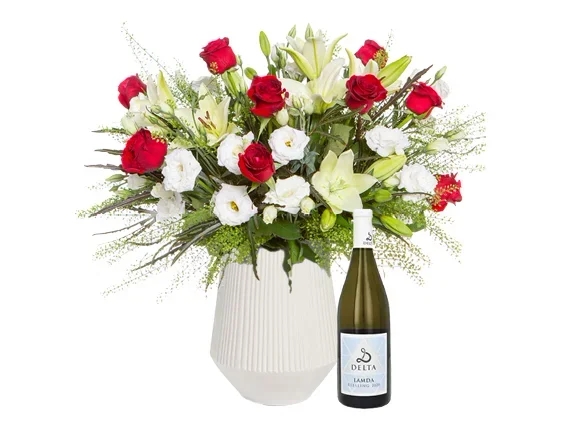 Red & white flowers  + white Lamda wine