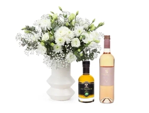 a white flowers, olive oil & rose wine bottle