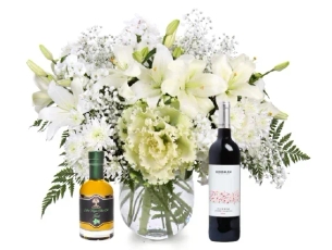 a white flowers, olive oil & red wine bottle