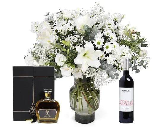 a white flowers, olive oil & red wine bottle