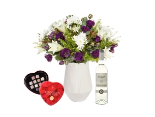 Purple Lily bouquet, white Wine & Chocolate pralines
