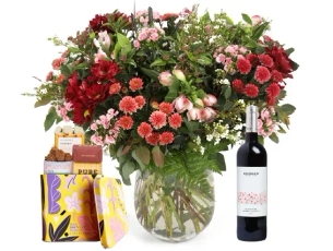 Desert Magic bouquet, chocolate box & red wine
