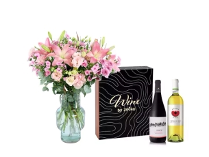 A pink bouquet plus red wine and white wine