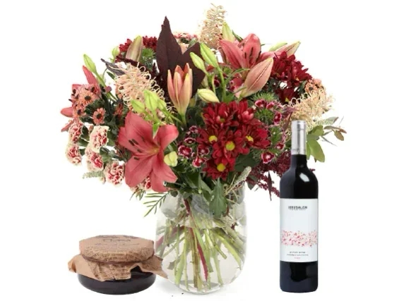 Colorful Abigail bouquet, red wine & charoset