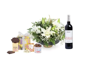Holiday Purity flower arrangement,Max Brenner chocolate & Wine