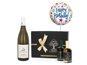 A gift set of olive oil from Jerusalem Olive Oil, a balloon and a bottle of Viognier Delta white win