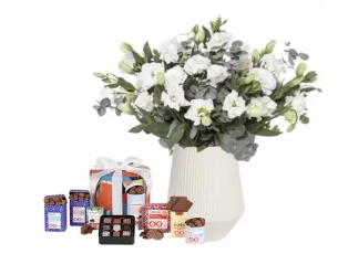 white lisianthus flowers & Sweet Start chocolate