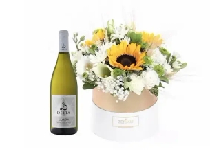 Sunflower Arrangement and white Wine