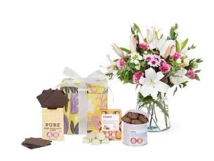 A white and pink bountiful bouquet & Max Brenner chocolate 150 gr.