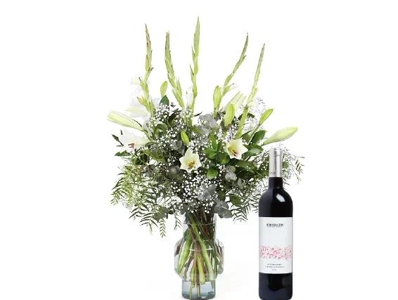 Elena's elegant and beautiful holiday bouquet plus red wine