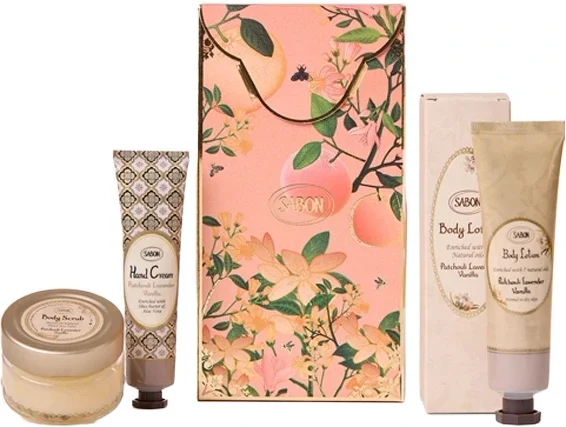 50 ml. body lotion, 30 ml. hand cream and 60 ml. body scrub