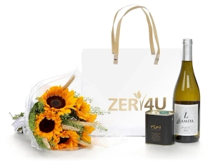 Box with white wine, olive oil, and a small sunflower bouquet