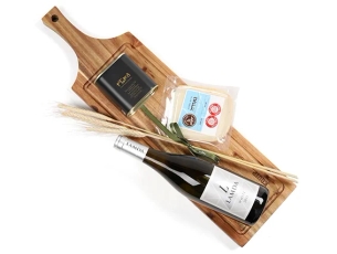 wooden tray , White wine, cheese and olive oil