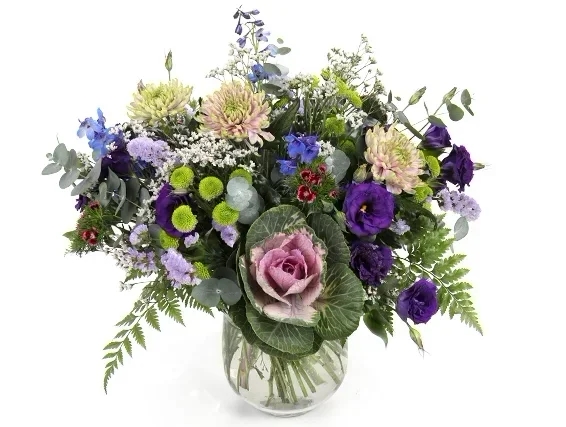 'Love' flower bouquet in shades of purple, pink and green