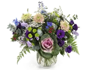 'Love' flower bouquet in shades of purple, pink and green