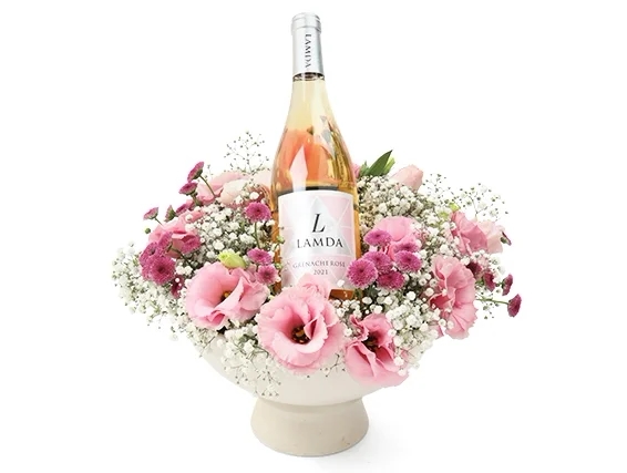 A Pink Flower arrangement + rose' wine