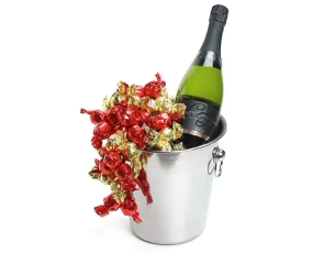 cava bottle, chocolate and champagne bucket.