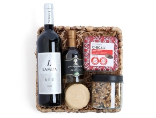 Spring Giftwrap comes with red wine, olive oil, chocolate, walnuts, charoset, in square wooden tray