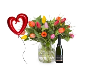 colorful Tulips, Cava bottle & love Balloon