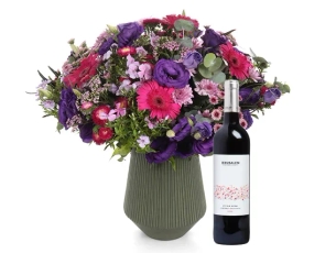 purple & pink bouquet plus red wine