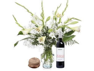 White Bouquet, honey jar & red wine