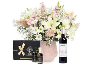 white & pink Zoei bouquet, red wine &  a gift set of boutique olive oil