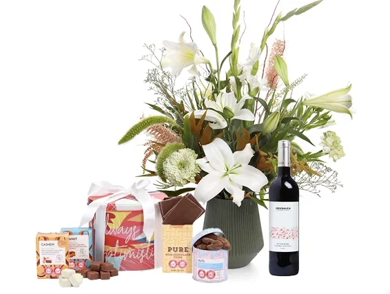 White flower bouquet, red wine & chocolate box