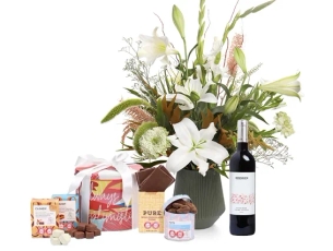 White flower bouquet, red wine & chocolate box