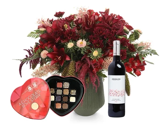 A red flowers, red wine & pralines