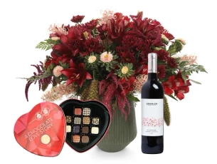 A red flowers, red wine & pralines