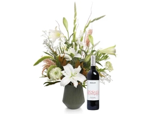 Milan bouquet of white flowers & wine