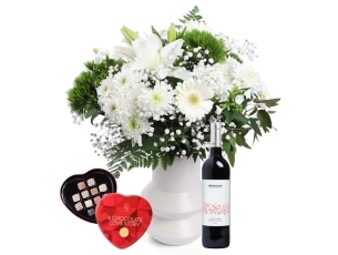 Helena Bouquet in a Vase in shades of white comes with red wine and chocolates