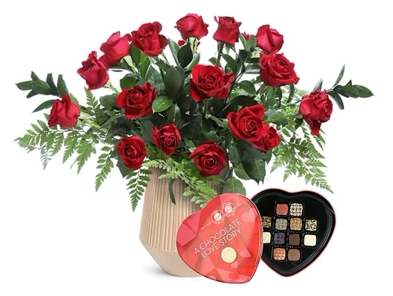 15 lovely red roses and decorative branches, plus love chocolate pralines by Max brenner.