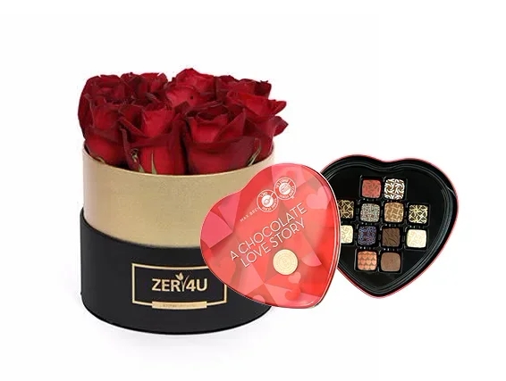 Lovely red roses in a beautiful golden-black box, plus love chocolate pralines by Max brenner