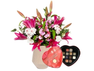 A white and pink bountiful bouquet & Max Brenner pralines