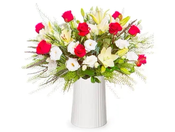 red roses, white lily & white lisianthus