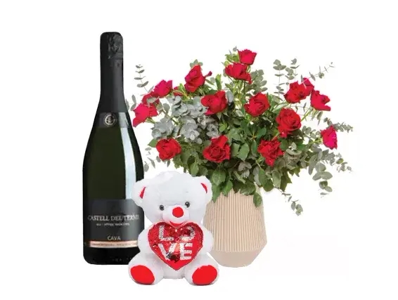 19 roses+ Teddy bear & Cava