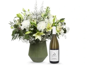 White flower bouquet & white Lamda wine